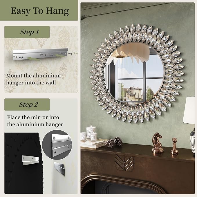 Kelly Miller 26" Jeweled Luxury Round Decorative Wall Mirror | Elegant diamond beveled vanity mirror. Perfect wall mirror for living room, bedroom, entryway.