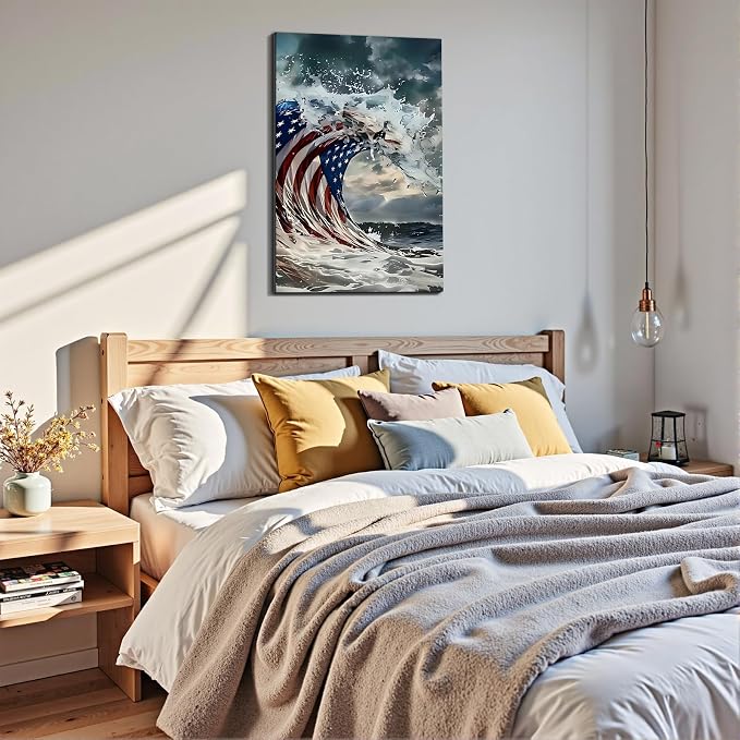 Framed American Flag Ocean Wave Wall Art, Patriotic Abstract Canvas Art Pictures, USA Flag Wall Decor, Made in USA Ready to Hang for Living Room Bar