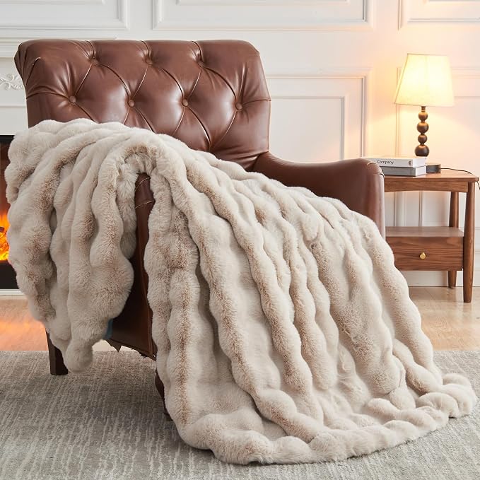 NEWCOSPLAY Faux Fur Thick Bubble Throw Blanket for Couch, Linen, 50"x60" | Luxury Fluffy Thick Warm Bubble Blanket for Couch Sofa Bed 1000GSM, Soft Plush Cozy Decorative Throw, Gift for Women Men