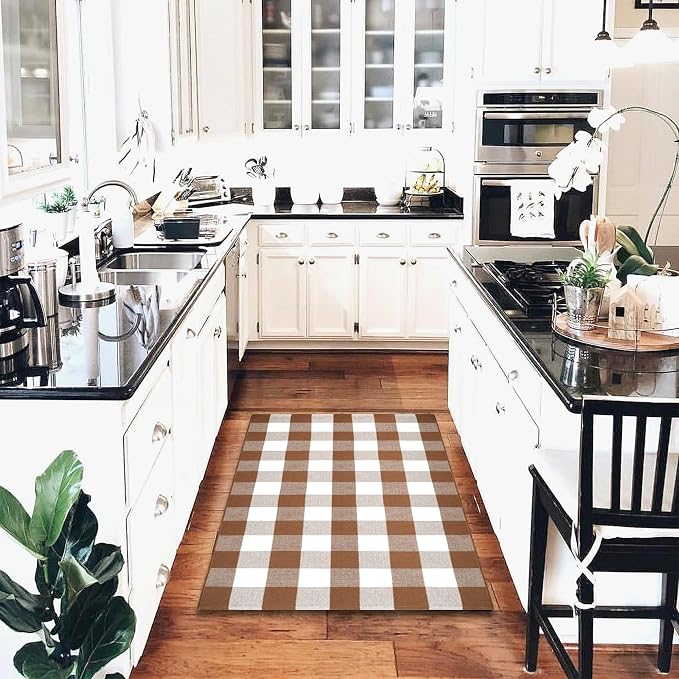Homydecor Buffalo Plaid Outdoor Rugs, 3'x5' Coffe and White Checkered Area Rug, Layering Rug for Hello/Welcome Door Mat, Washable Cotton Woven Farmhouse Mat for Front Porch Décor