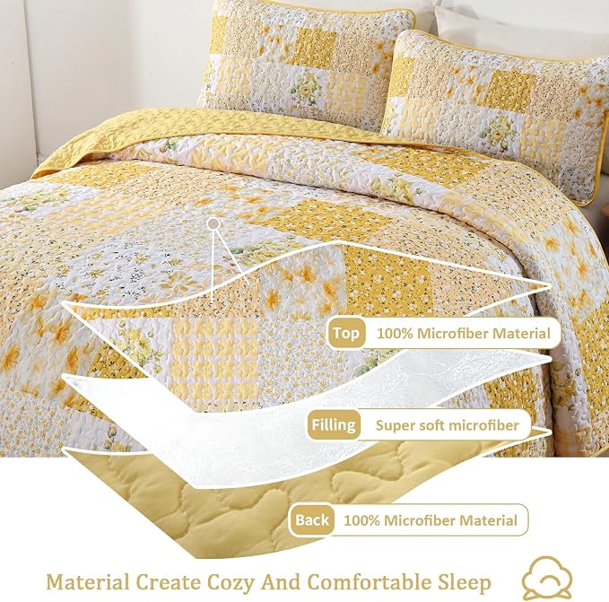 Mybedsoul Boho Quilts Queen Size, Patchwork Reversible Bedding Set, Yellow | Soft Lightweight Microfiber Floral Coverlet Set, 3 Pieces Plaid Bedspread, Bed Sets for All Seasons 96"x90"