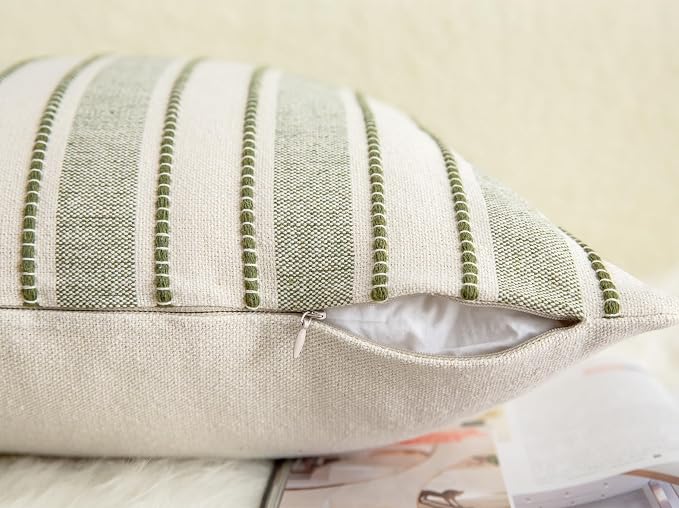 Cethom Decorative Boho Throw Pillow Covers, Farmhouse Textured Pillow Case, 20 x 20 Inch Set of 2, Chair Sofa Bedroom Living Room Home Decor Couch Cushion Case, Olive Green and Beige Striped