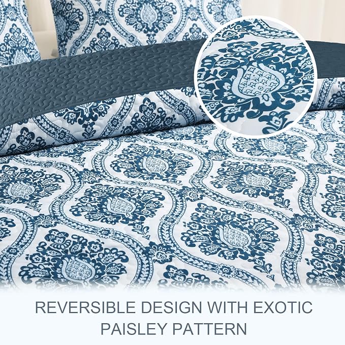 Exclusivo Mezcla Reversible Boho California King Quilt, Blue | Lightweight Soft Bedspreads, All Season Damask Coverlet Bedding Set, Printed Floral Pattern, 1 Quilt and 2 Pillow Shams