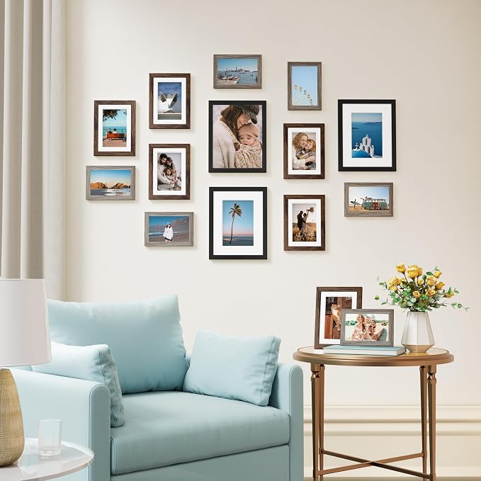 Vittanly 15 Pack Gallery Wall Frame Set, Black, Brown, Dark Grey | Picture Frames Collage Wall Decor: 3pcs 8x10, 6pcs 5x7, 6pcs 4x6. Picture Frame Set for Wall or Tabletop Display