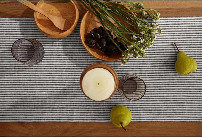 Solino Home 100% Pure Linen Table Runner, 14 x 72 in, Black, Narrow Stripe | a graceful centrepiece for dining and gatherings, woven stripe, European flax fibres, machine washable, OEKO-TEX Certified