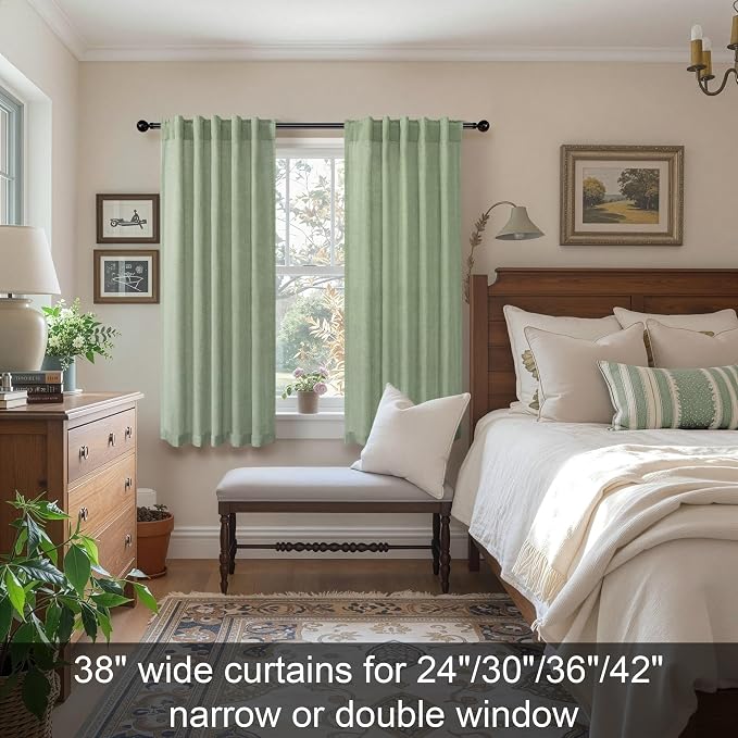 Sage Green Curtains 38 Inch Width for Kitchen Doors 2 Panels Back Tab Rod Pocket Linen Cafe Tier Light Filtering Short Sheer Light Green Curtains for Bathroom Laundry Farmhouse Decor Wide 38x45 Length