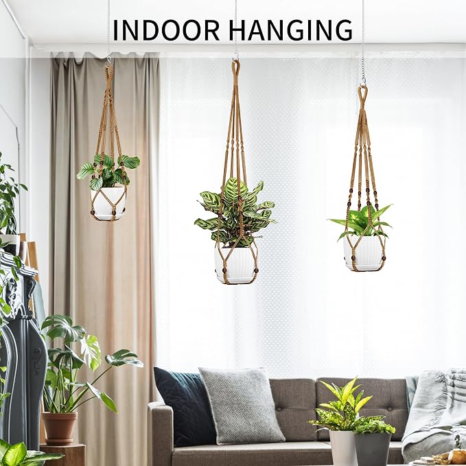 Macrame Plant Hanger - Fits 4-15 Inch Pots, 3 Pack, Brown