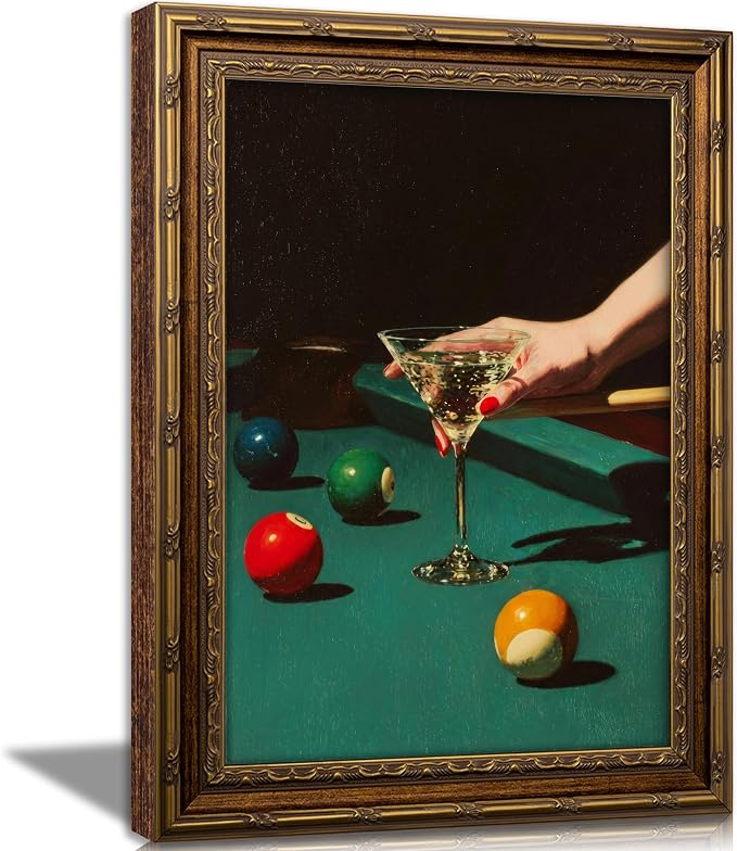 Vintage Gold Framed Bar Wall Art, Retro Dive Bar Martini Pool Oil Painting Canvas Print, Trendy Billiards Cocktail Picture, Lucky 8 Ball Poster Artwork for Tavern Kitchen Dining Room