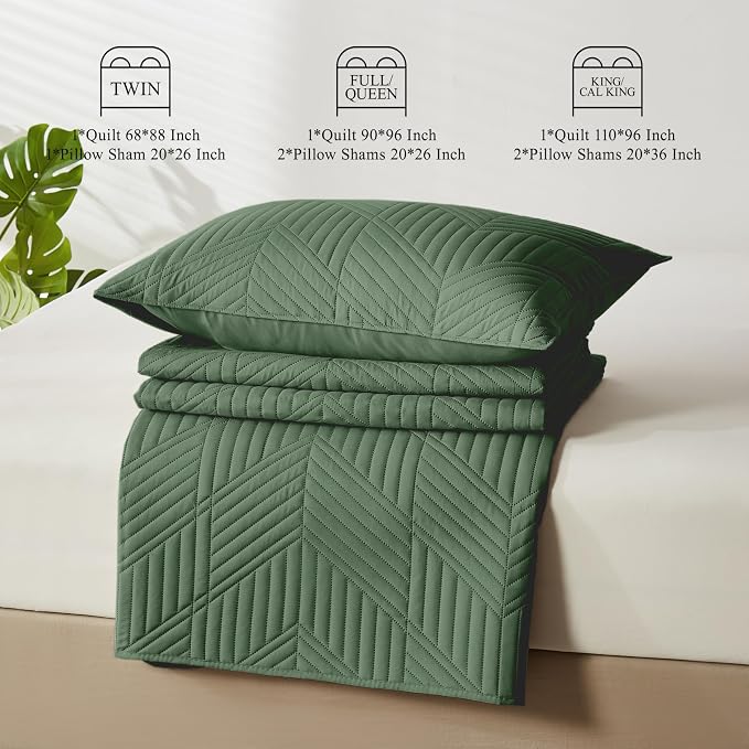 Davulos King/Cal King Quilt Set in Olive Green, Soft Reversible Microfiber Bedspread for All-Season Use in Bedroom or Dorm, Lightweight Modern Geometric Coverlet (1 Quilt, 2 Pillow Shams)