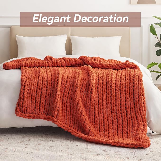 Negwoo Chunky Knit Throw Blanket, Knitted Throw Chenille Yarn, 50"*60" | Soft Thick Cable Knitted Blankets, Handmade Big Thick Blanket, Machine Washable Cute Comfy Blanket for Home Decor, Orange