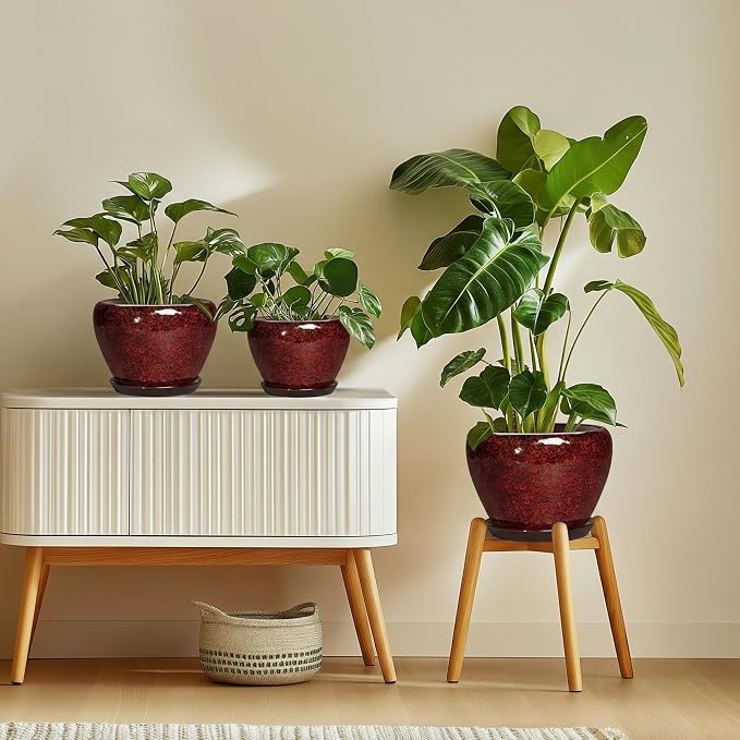 Ceramic Plant Pots - 10 Inch Planters for Plants Indoor Outdoor, Round Plant Pots with Drainage Hole and Saucer, Decorative Indoor Planter, Office Decor, Gifts for Plant Lovers, Red Leopard
