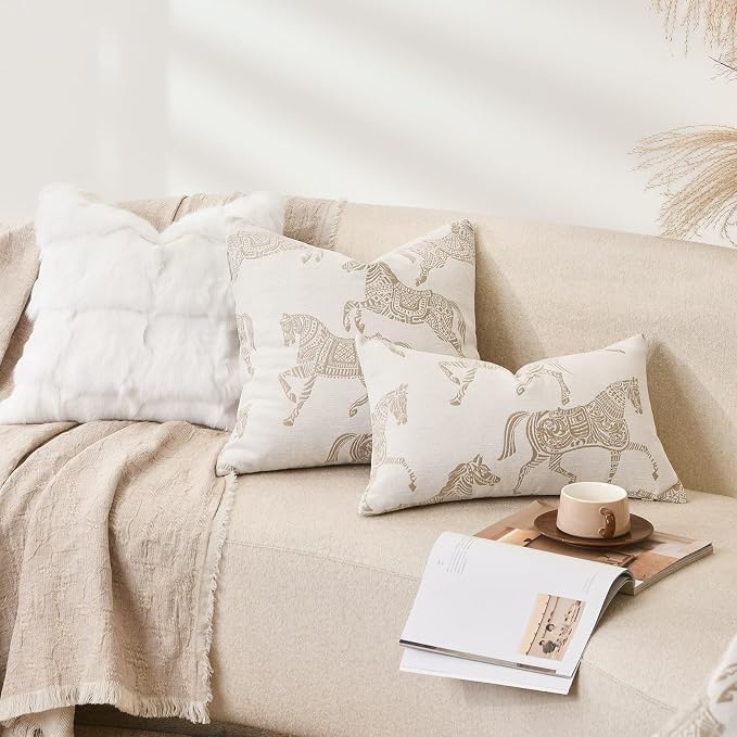Equestrian Style Throw Pillow Cushion Cover 22x22 inch, Double Sided Beige Horse Pattern Chenille Jacquard Embroidered Pillow Covers for Sofa Couch Bed Living Room Bedroom