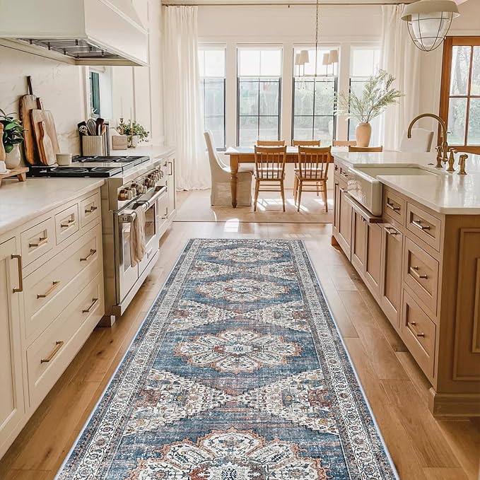 Washable Kitchen Runner Rug 2'6''x12' - Non-Slip Hallway Entryway Rugs with Rubber Backing Soft Thin Carpet for Bathroom Vintage Stain Resistant Indoor Home Decor Mat for Bedroom (Blue, 2'6'' x 12')