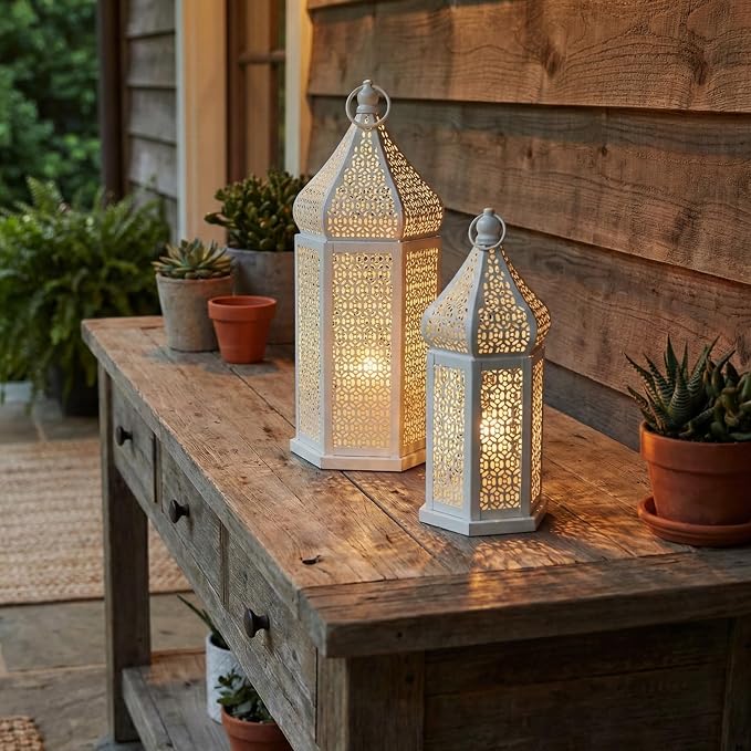 VELA LANTERNS Large Temple Tower Moroccan Lantern Lamp Decorative Candle Holders for Ramadan Decorations, Hanging, Outdoor Patio or Porch, Indoor Home Decor, Weddings, White, Set of 2