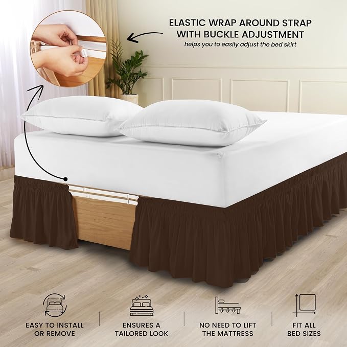 Wrap Around Queen Bed Skirt, Easy Fit Elastic Belt, 16 Inch Drop, Brown | No Mattress Lifting, Stay-Put Design, Adjustable Buckle & Elastic Belt, Wrinkle & Fade Resistant, Brushed Microfiber