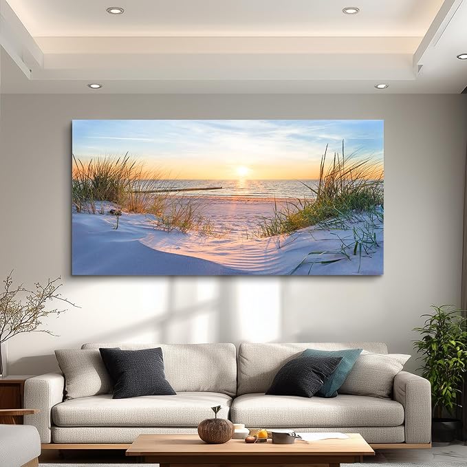 Wall Art For Living Room Large Size Wall Decorations Pictures Blue Sun Beach Grass Ocean Landscape Painting Office Wall Decor Canvas Prints Ready To Hang For Home Decoration Works Of Art 24" X 48"