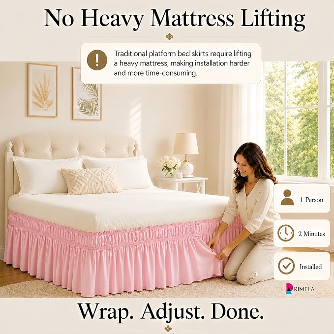 Pink Bed Skirt Full Size 15 Inch Drop, Elastic Wrap Around Bedskirt | Solid Ruffled, Easy to Use, No Mattress Lifting, Wrinkle & Fade Resistant, with Adhesive Strips, Machine Wash/Dry/Iron