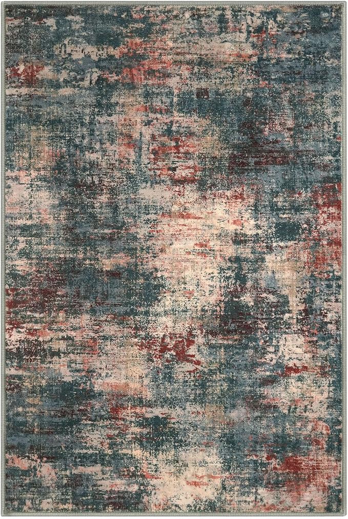 Lansny Abstract Washable Entryway Rug 3x5 Area Rug Non Slip Kitchen Rugs | Red/Multi;Thin Printed Faux Wool Door Mat;Small Rugs;Front Door Rug;Indoor Entry Rug;Rubber Backed Floor Carpet;Throw Rugs