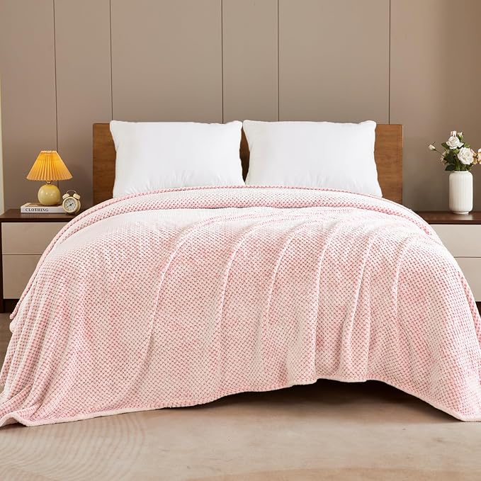Exclusivo Mezcla Soft Waffle Fleece Bed Blanket King Size, Heather Pink | Lightweight Plush Blanket for Bed, Bedroom, Cozy Flannel with Waffle Texture, Stylish Home Decor, All Season, 104x90 Inches