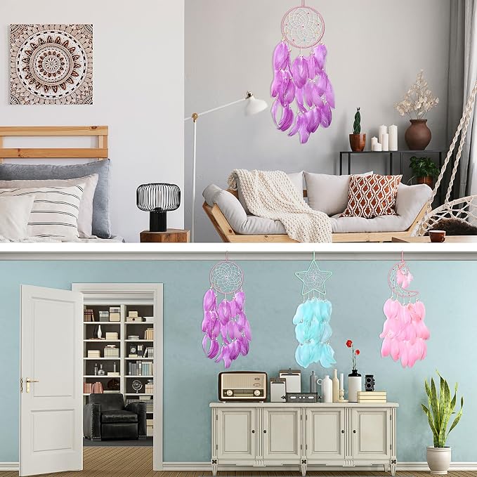 Jetec 3 Pcs Dream Catcher for Girl Star Sun Moon Decor, Sweet Color