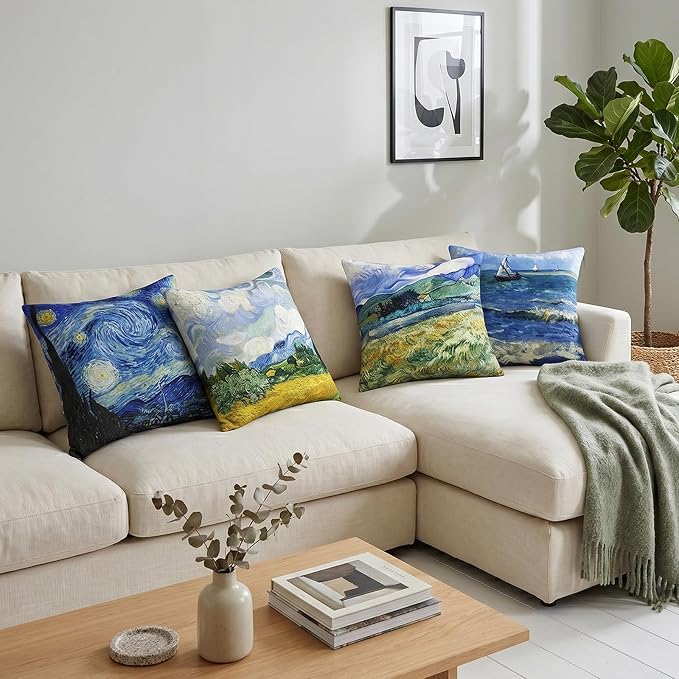 Vincent Van Gogh Pillow Cases Set of 4 Abstract Art Design Cushion Covers Square Decorative Pillow Covers for Famous Painting Fans 18 x 18 Inches