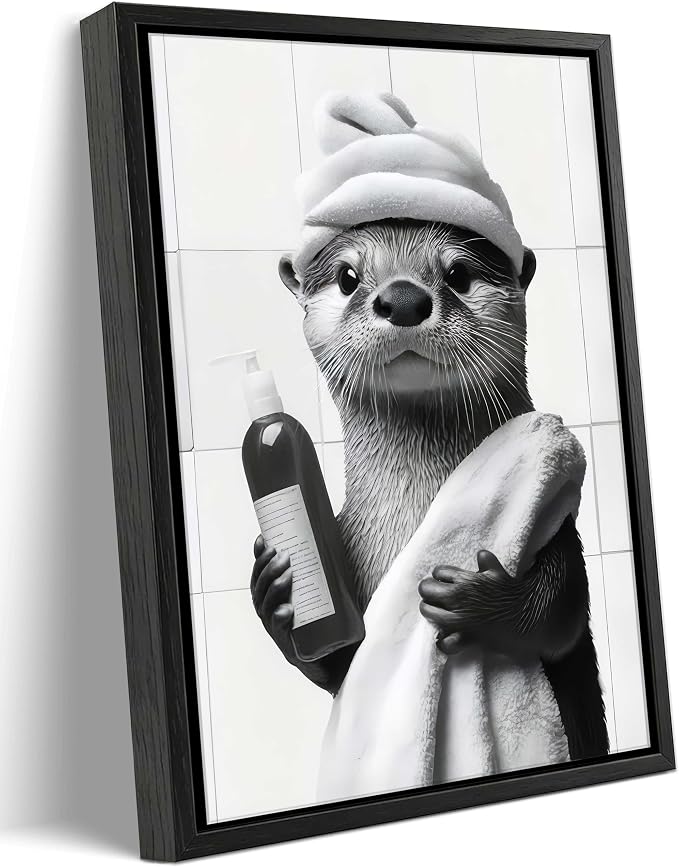 Framed Funny Bathroom Otter Canvas Wall Art Cute Otter Painting Picture Wall Decor Black and White Bathroom Animal Poster Print Artwork for Toilet Restroom Home Decoration 8x10in