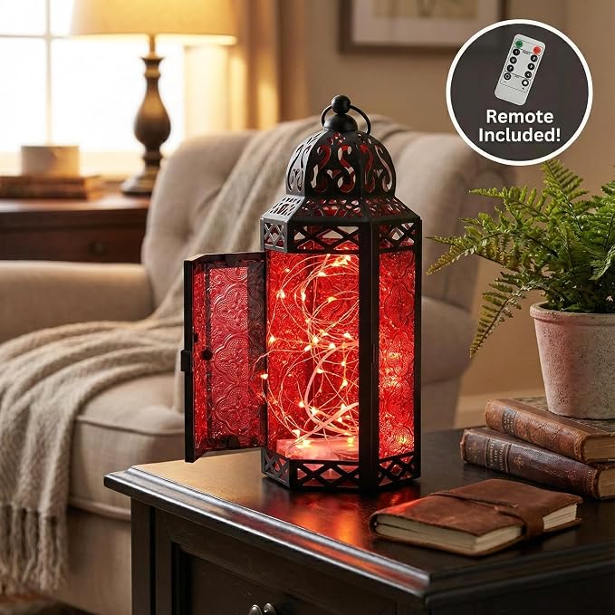 Vela Lanterns Decorative Indoor Red Gothic Fairy Light Candle Holder, M | Halloween Vampire Decor, Fantasy Witchy Whimsigoth Lamp, Moroccan Metal Hanging Flameless LED Lantern, Remote, 10.5" Tall