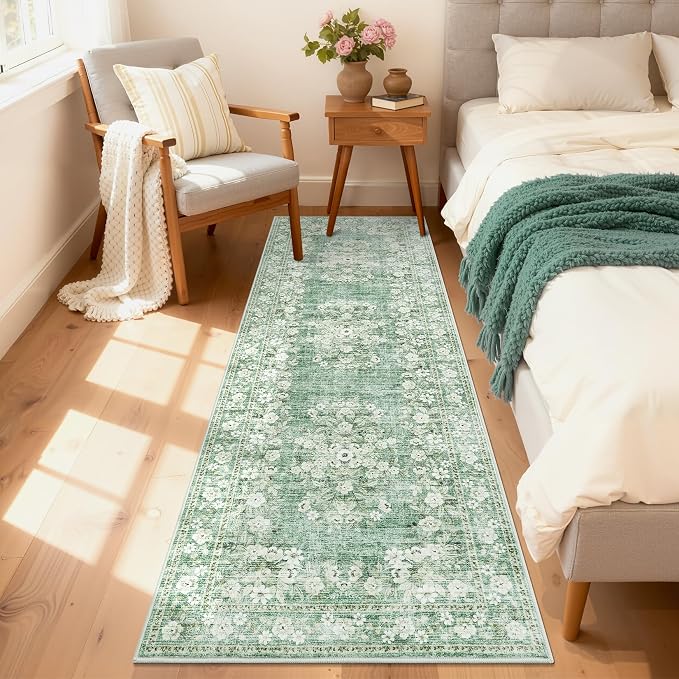 GarveeHome Beige 2x8 Runner Rug for Kitchen Leaf Flower Long Runners | Washable Vintage Distressed Floral Throw Rug for Hallway Low Pile Non-Slip Area Rug for Bathroom Porch Laundry Room