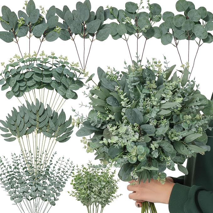 Serwalin 70PCS Mixed Eucalyptus Stems Bulk, Faux Greenery Stems | 8 Kinds Faux Eucalyptus Stems Eucalyptus Leaves & Artificial Greenery for DIY Bouquets, Centerpieces, Vase & Home Decor