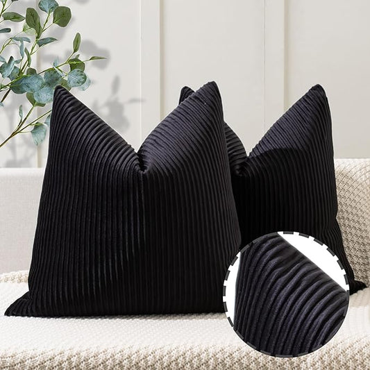 YCOLL Black Pillow Covers 26x26 Set of 2 Velvet Striped Pattern - Soft Throw Pillows for Home Decor, Luxury Decorative Pillow Covers for Couch, Bed,Living Room