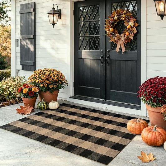 LEEVAN Buffalo Plaid Outdoor Rugs 3x5, Black Tan Checkered Front Porch Rug | Washable Woven Welcome Layered Modern Farmhouse Entryway Front Door Mat for Kitchen Bathroom Patio Porch Decor