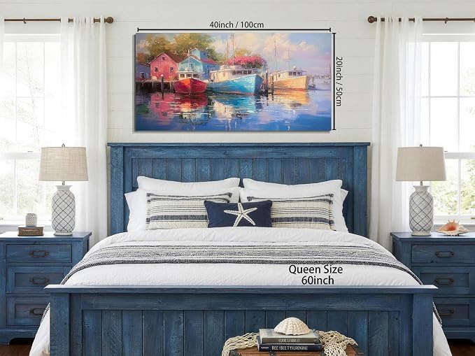 Arjun Lake Wall Art Sailboat Nautical Canvas Painting Framed Large 40"x20" | Colorful Artwork for Walls Dock Picture Prints Landscape Textured Living Room Bedroom Home Office Dining Room Kitchen Decor