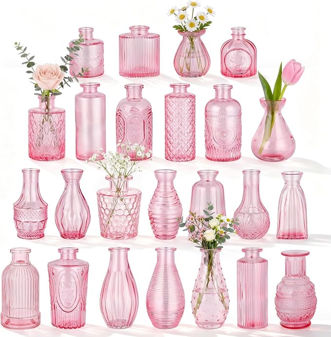 BEAHOT 24 Pack Pink Bud Vases in Bulk,Mini Glass Vintage Vases for Centerpieces,Wedding Decor, Small Flower Vases for Party & Home Decaration,Mother's Day (Pink)
