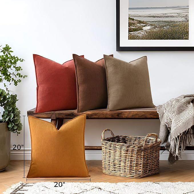 Pack of 4 Throw Pillow Covers Corduroy 20x20 Inch,Maillard Tones | Decorative Velvet Couch,Summer Cases Square,Farmhouse Boho Cushion Covers for Sofa Bed Living Room Home Decor & Office