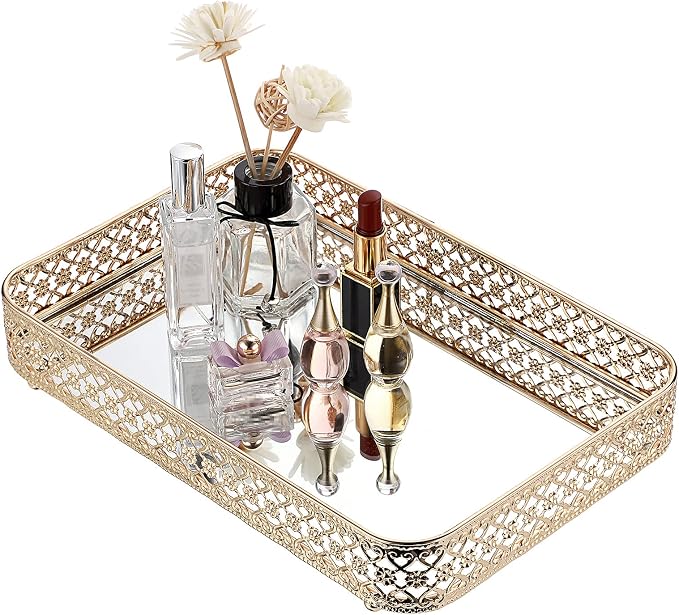 ELLDOO Gold Mirror Glass Perfume & Makeup Vanity Tray, Medium Size