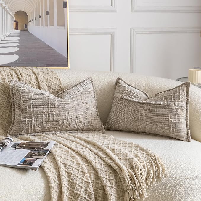 MADIZZ Pack of 2 Chenille Throw Pillow Covers 12x20 Inch Taupe Soft Neutral Decorative Throw Pillows for Couch Sofa Boho Accent Cushion Covers Modern Farmhouse Home Decor for Bedroom Living Room