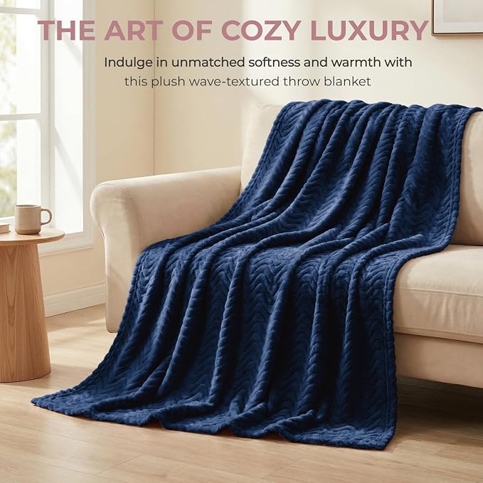 Exclusivo Mezcla Large Fleece Throw Blanket for Couch, Sofa, Navy Blue | 50"x70" Soft Breathable Lightweight Flannel Throws for Summer, Plush Cozy Jacquard Wave Blanket for Home Decor