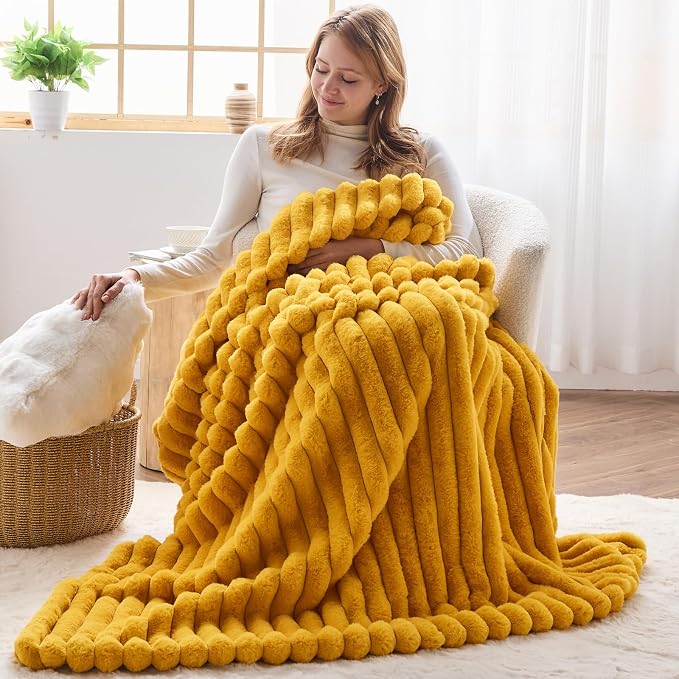 NEWCOSPLAY Faux Fur Ribbed Throw Blanket for Couch, Mustard Yellow, 50"x60" | Plush Soft Thick Warm Blanket for Couch Sofa Bed 850GSM, Fluffy Cozy Luxury Decorative Throw, Gift for Women Men