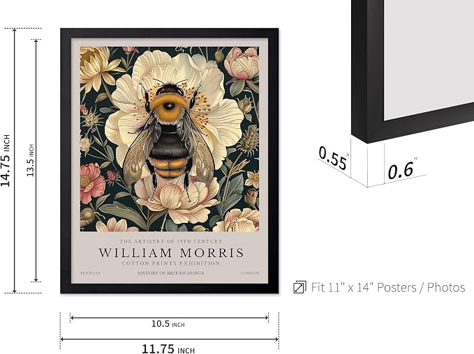 Poster Master William Morris Poster - Bumble Bee Print - Flower Art - Botanical Art - Exhibition Illustration - Animal Illustration - Floral Painting - Bee Artwork - Aesthetic Office or Bedroom Decor - 11x14 Black Framed