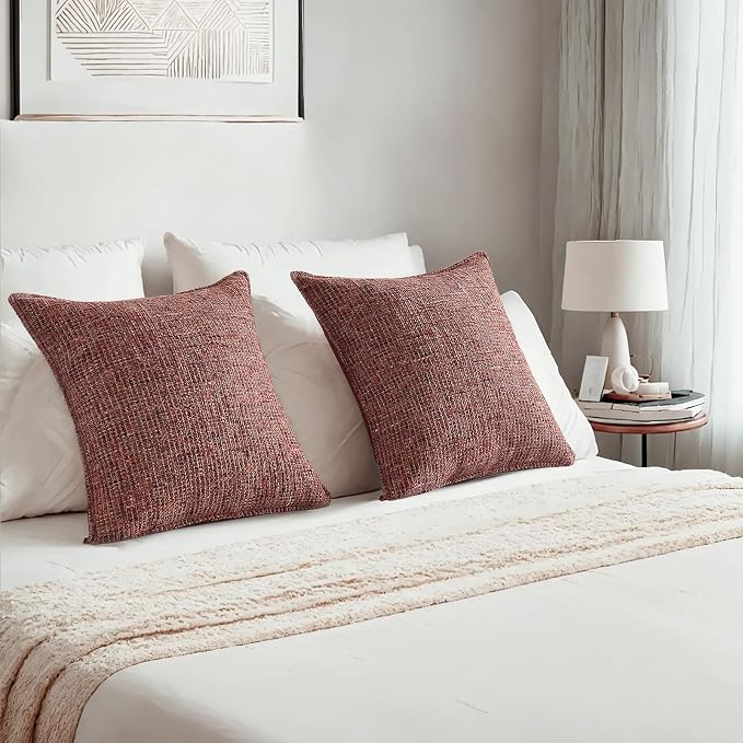 HAUSSY Pack of 2 Chenille Tweed Throw Pillow Covers 12x20 Inch, Burgundy