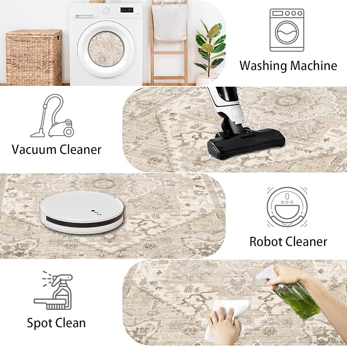 AooHHooA Boho Washable 2x6 Runner Rugs Non Slip Low Pile, Stain Resistant Vintage Soft Runners for Kitchen Hallway Laundry Entryway Bedroom,Beige