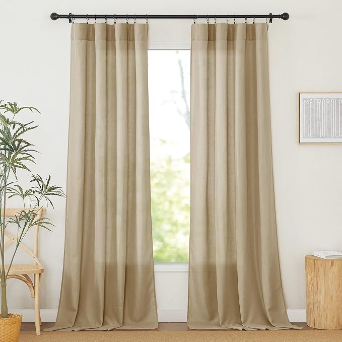 RYB HOME Linen Sheer Curtains 2 Panels for Living Room, Semi Transparent Privacy Drapes with Rod Pocket Farmhouse Style Window Treatments for Bedroom, Camel, 52" W x 102" L