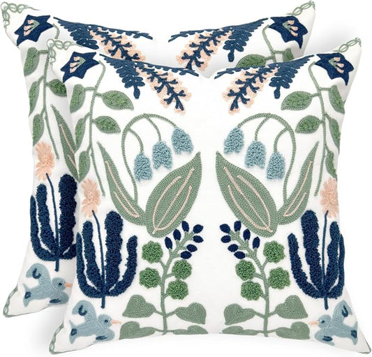 Alysheer Floral Embroidered Spring Decorative Throw Pillow Covers 20"x 20" Set of 2, Farmhouse Cottage Navy Blue Green Flowers Leaves Knit Pattern Cotton Canvas Cushion Case for Couch Bed Living Room