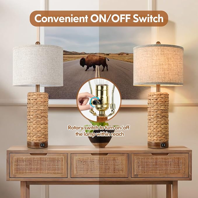 27Inch Tall Rattan Table Lamps Set of 2 for Living Room with 2 USB Ports