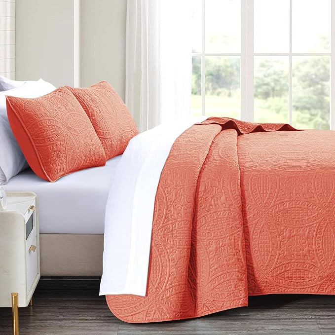 akkialla Mocha Coral Twin Quilt Set,Ultrasonic Lightweight Bedspread Coverlet for Modern Minimalist Bedroom,Soft Microfiber Coin Pattern Bedding,2-Piece (1 Quilt,1 Pillow Sham)
