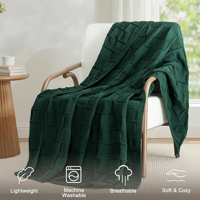Whale Flotilla Checkered Knit Throw Blanket for Couch, Dark Green | Soft Decorative Knitted Blankets for Couch Sofa Bed, Lightweight Cozy Throws for Spring Summer, 60x80 Inch