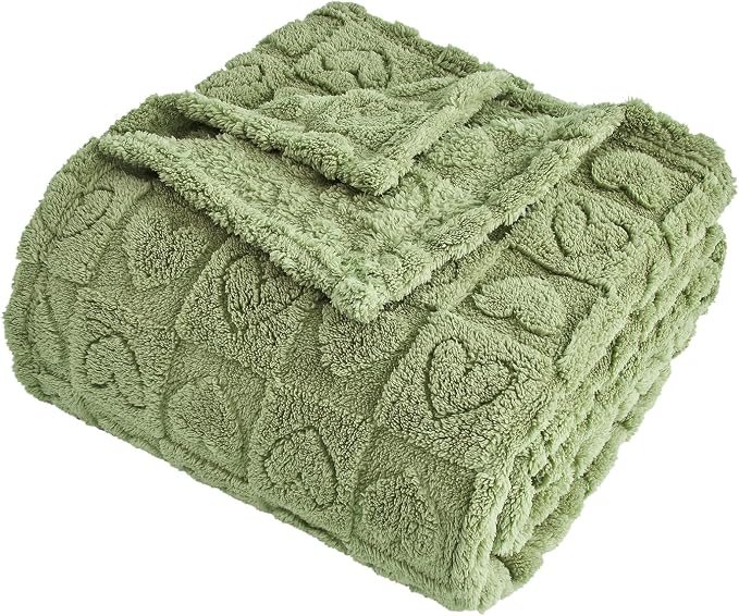 FY FIBER HOUSE Throw Blankets with Heart Checkered,Soft Warm Blankets for Lover Mom Father Gifts,Washable Lightweight Fuzzy Blanket for Couch Sofa Bed All Season(Sage Green,90"x108")