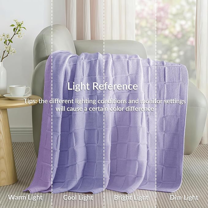 Whale Flotilla Checkered Knit Throw Blanket for Couch, Light Purple | Soft Decorative Knitted Blankets for Couch Sofa Bed, Lightweight Cozy Throws for Spring Summer, 60x80 Inch