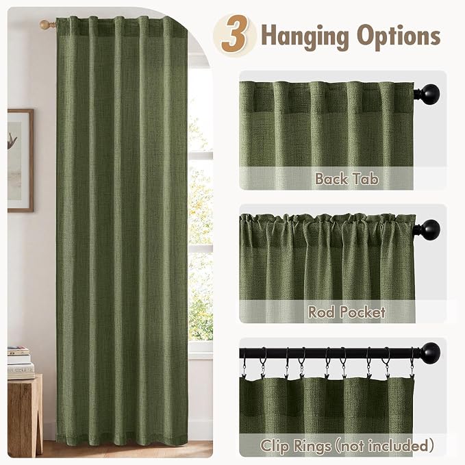 MIULEE Faux Linen Curtains 63 Inch Length 2 Panels Natural Olive Green Semi Sheer Curtain with Back Tab Rod Pocket, Light Filtering Window Privacy Burlap Drapes for Living Room Bedroom 42W x 63L