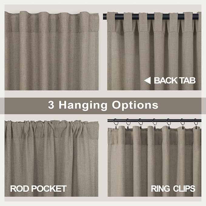 Pitalk Back Tab Linen Curtains 96 inches Long 2 Panels Set for Living Room Sliding Glass Door Dark Taupe Semi Sheer Curtains Light Filtering Canvas Cloth Linen Drapes 96 inch Floor to Ceiling Length